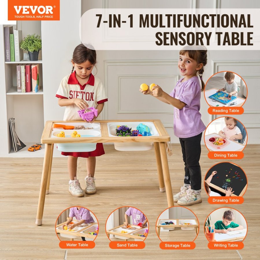 VEVOR Sensory Table for Toddlers, Kids Activity Table with 3 Foldable Storage Bins & Paper Roll Holder, Indoor/Outdoor Play Sand and Water Table, Wooden Kids Sensory Drawing Table, Gift for Boys Girls