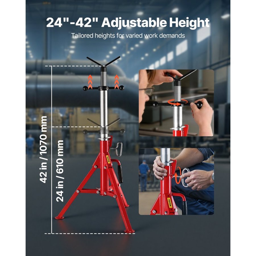 VEVOR V Head Pipe Stand 1/8"-12" Capacity, Adjustable Height 610mm-1067mm, Pipe Stands 1134kg Load Capacity, Portable Folding Pipe Stands, Carbon Steel Body for Enhanced Durability