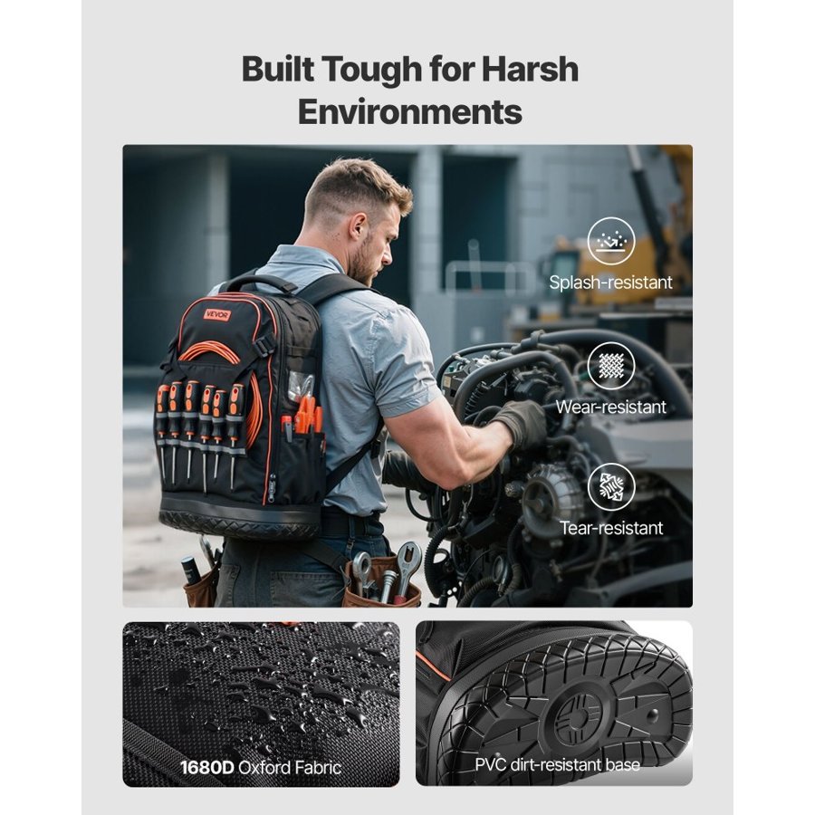 VEVOR Tool Backpack, 65 Pockets, Heavy-duty Tools Storage Organizer Work Bags with Laptop Compartment & Molded Base, Electrician Jobsite Backpack for Electrician, Repairman, and HVAC Techs