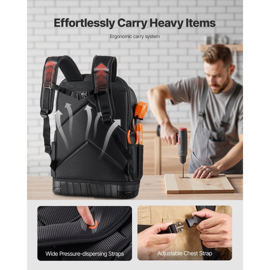 VEVOR Tool Backpack, 65 Pockets, Heavy-duty Tools Storage Organizer Work Bags with Laptop Compartment & Molded Base, Electrician Jobsite Backpack for Electrician, Repairman, and HVAC Techs