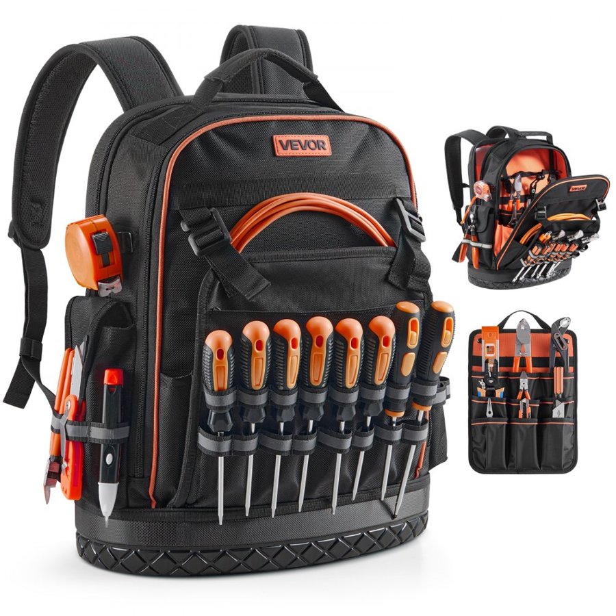 VEVOR Tool Backpack, 64 Pockets, Heavy-duty Tools Storage Organizer Work Bags with Laptop Compartment & Molded Base, Electrician Jobsite Backpack for Electrician, Repairman, and HVAC Techs
