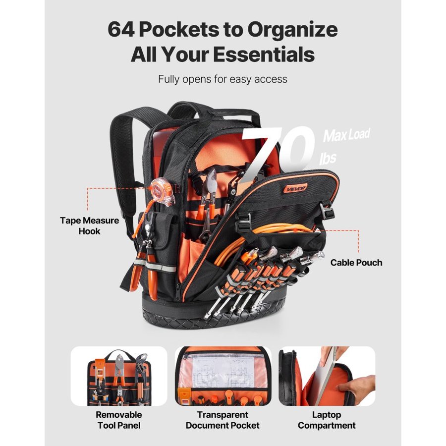 VEVOR Tool Backpack, 64 Pockets, Heavy-duty Tools Storage Organizer Work Bags with Laptop Compartment & Molded Base, Electrician Jobsite Backpack for Electrician, Repairman, and HVAC Techs