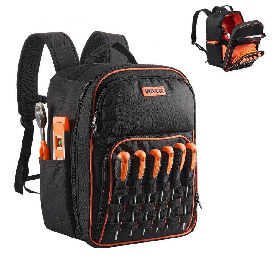 VEVOR Tool Backpack, 49 Pockets, Heavy-duty Tools Storage Organizer Work Bags with Laptop Compartment & Reinforced Fabric Base, Electrician Jobsite Backpack for Electrician, Repairman
