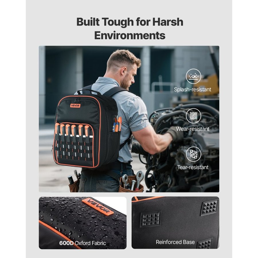 VEVOR Tool Backpack, 49 Pockets, Heavy-duty Tools Storage Organizer Work Bags with Laptop Compartment & Reinforced Fabric Base, Electrician Jobsite Backpack for Electrician, Repairman