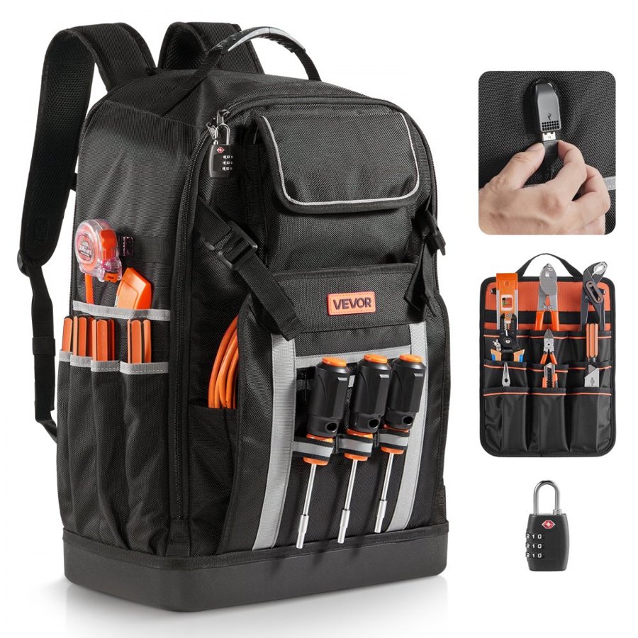 VEVOR Tool Backpack, 56 Pockets, Heavy-duty Tools Storage Organizer Bags with Molded Base, Electrician Jobsite Backpack for Construction Jobsite, Electrician, Industrial, Repairman, and HVAC Techs