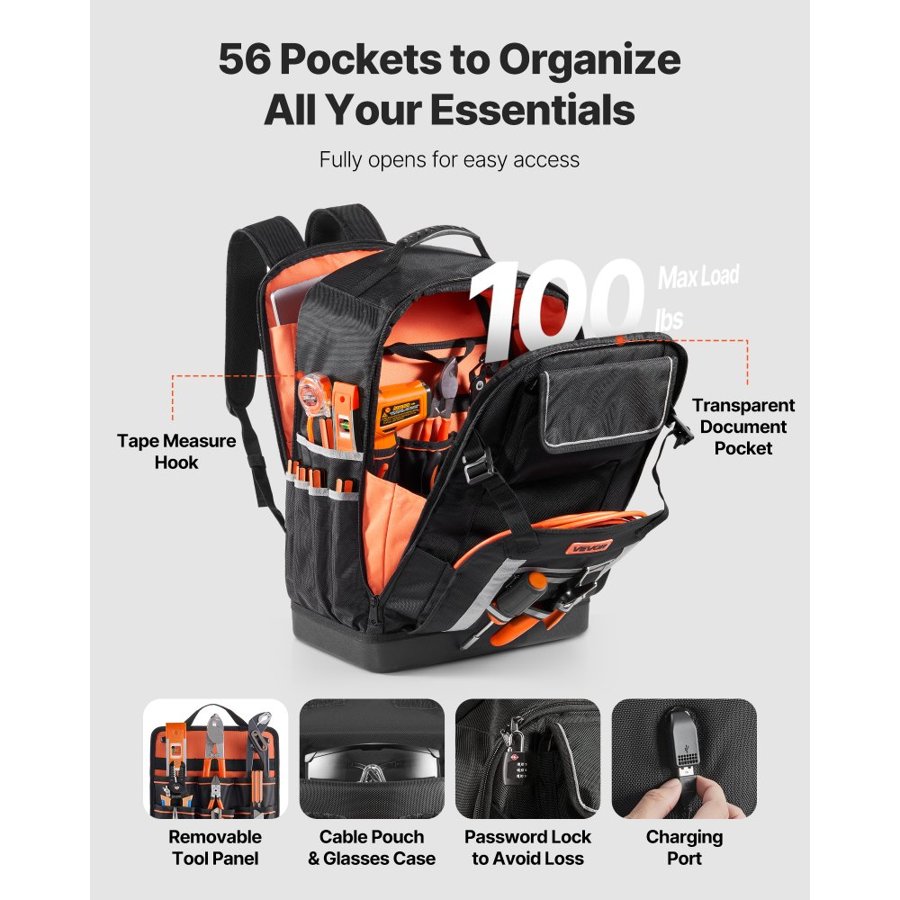 VEVOR Tool Backpack, 56 Pockets, Heavy-duty Tools Storage Organizer Bags with Molded Base, Electrician Jobsite Backpack for Construction Jobsite, Electrician, Industrial, Repairman, and HVAC Techs