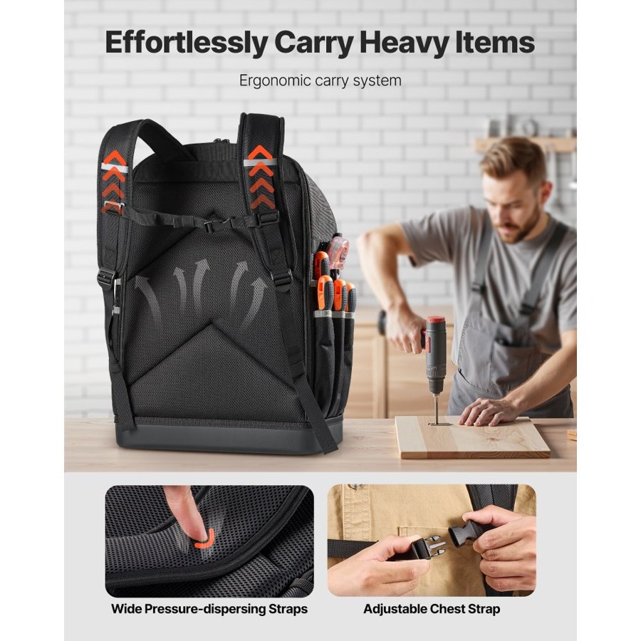 VEVOR Tool Backpack, 56 Pockets, Heavy-duty Tools Storage Organizer Bags with Molded Base, Electrician Jobsite Backpack for Construction Jobsite, Electrician, Industrial, Repairman, and HVAC Techs