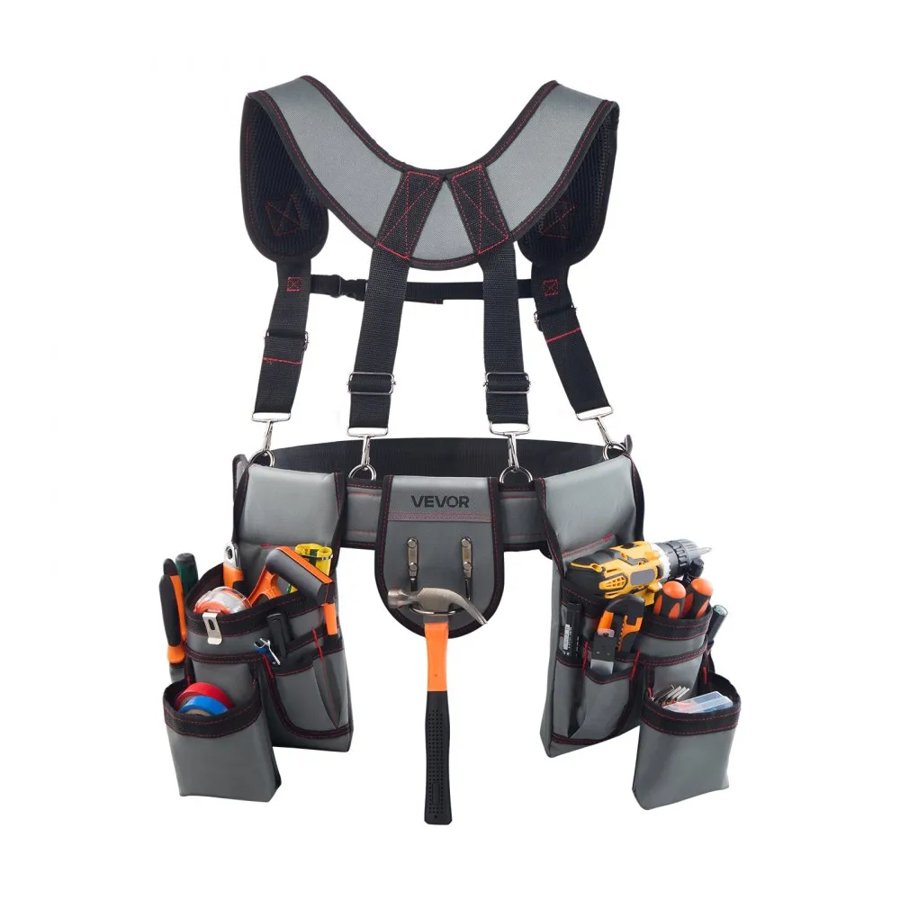 VEVOR Tool Belt, 22 Pockets Tool Pouch with Suspenders for Men, Heavy Duty Adjustable Utility Belt Bag Suspenders for Electrician, Carpenter, Construction, Work Apron Organizer Waist Adjust 81-173 cm