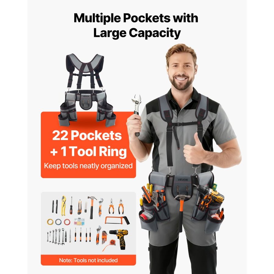 VEVOR Tool Belt, 22 Pockets Tool Pouch with Suspenders for Men, Heavy Duty Adjustable Utility Belt Bag Suspenders for Electrician, Carpenter, Construction, Work Apron Organizer Waist Adjust 81-173 cm