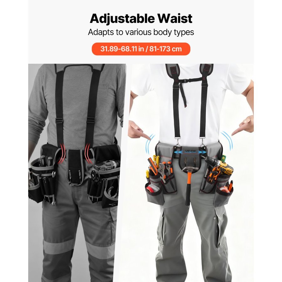 VEVOR Tool Belt, 22 Pockets Tool Pouch with Suspenders for Men, Heavy Duty Adjustable Utility Belt Bag Suspenders for Electrician, Carpenter, Construction, Work Apron Organizer Waist Adjust 81-173 cm