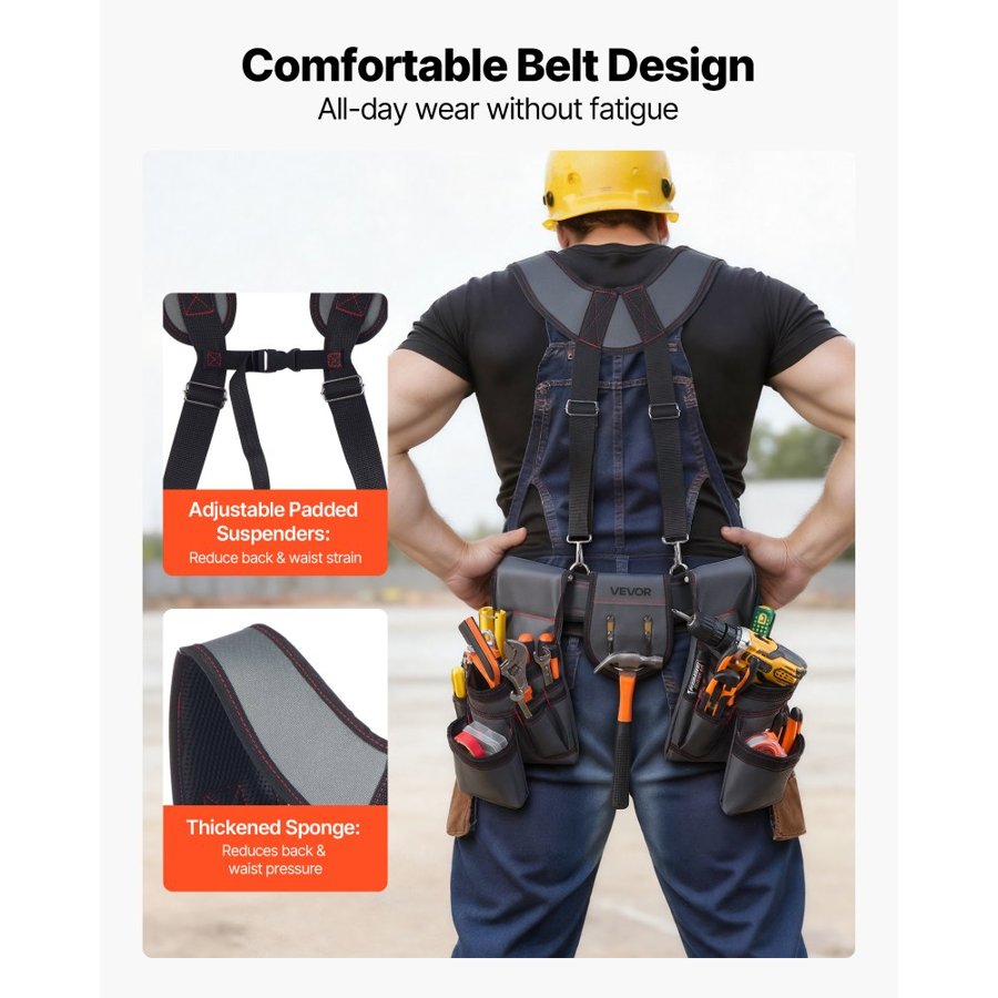 VEVOR Tool Belt, 22 Pockets Tool Pouch with Suspenders for Men, Heavy Duty Adjustable Utility Belt Bag Suspenders for Electrician, Carpenter, Construction, Work Apron Organizer Waist Adjust 81-173 cm