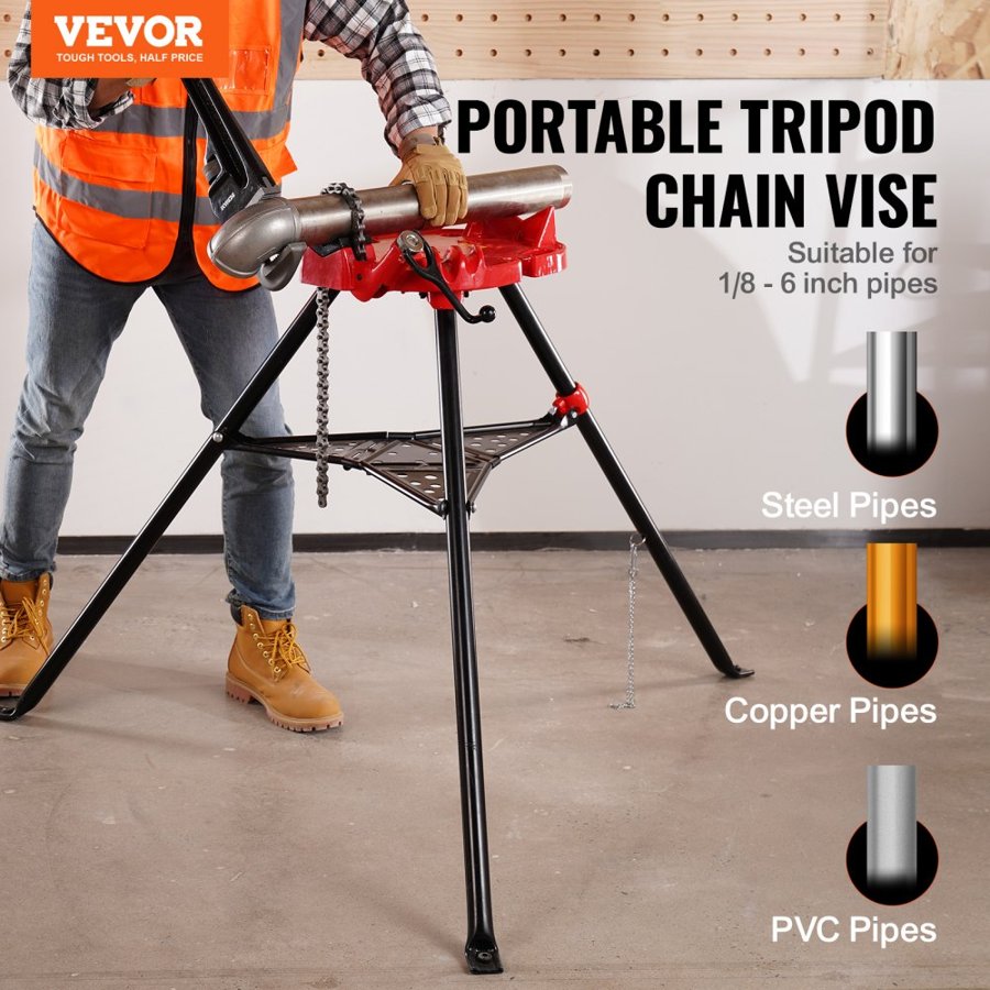 VEVOR Chain Vise with Tripod Stand | 3.2 to 152 mm Pipe Capacity | 600 kg Loading Capacity | Portable Stand with Folding Legs and Tool Tray | Ideal for Plumbing and Pipe Work