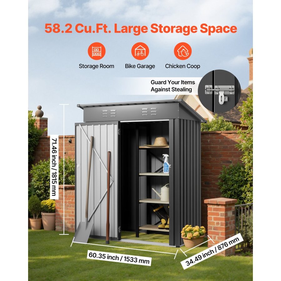 VEVOR 1533 x 876 x 1815 mm Metal Garden Shed, Storage Building with Lockable Door & 2 Louver Vents, Sloped Roof Metal Outdoor Storage Shed, Tool Sheds Outdoor Storage for Backyard, Garden, Patio
