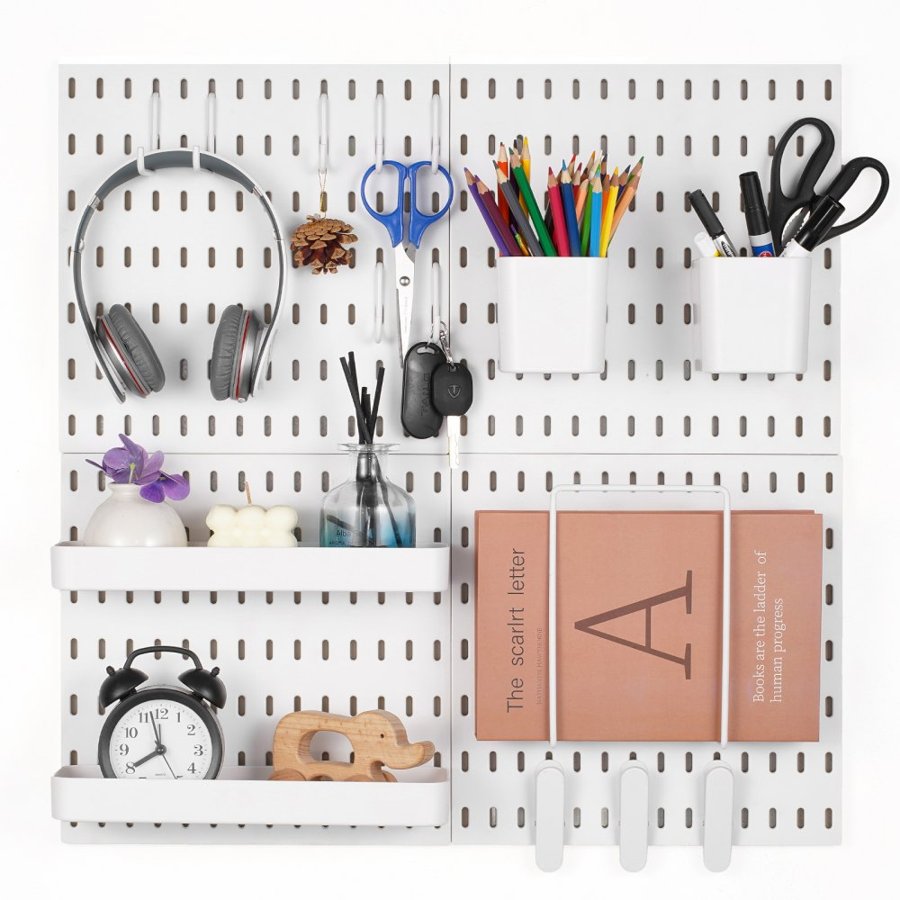 VEVOR Pegboard Combination Kit, 11" x 11" Plastic Pegboard, 4 Panels, Peg Board Wall Organizer Kit with Accessories, for Garage Tool Storage Kitchen Living Room Craft Room Office Bathroom Home, White