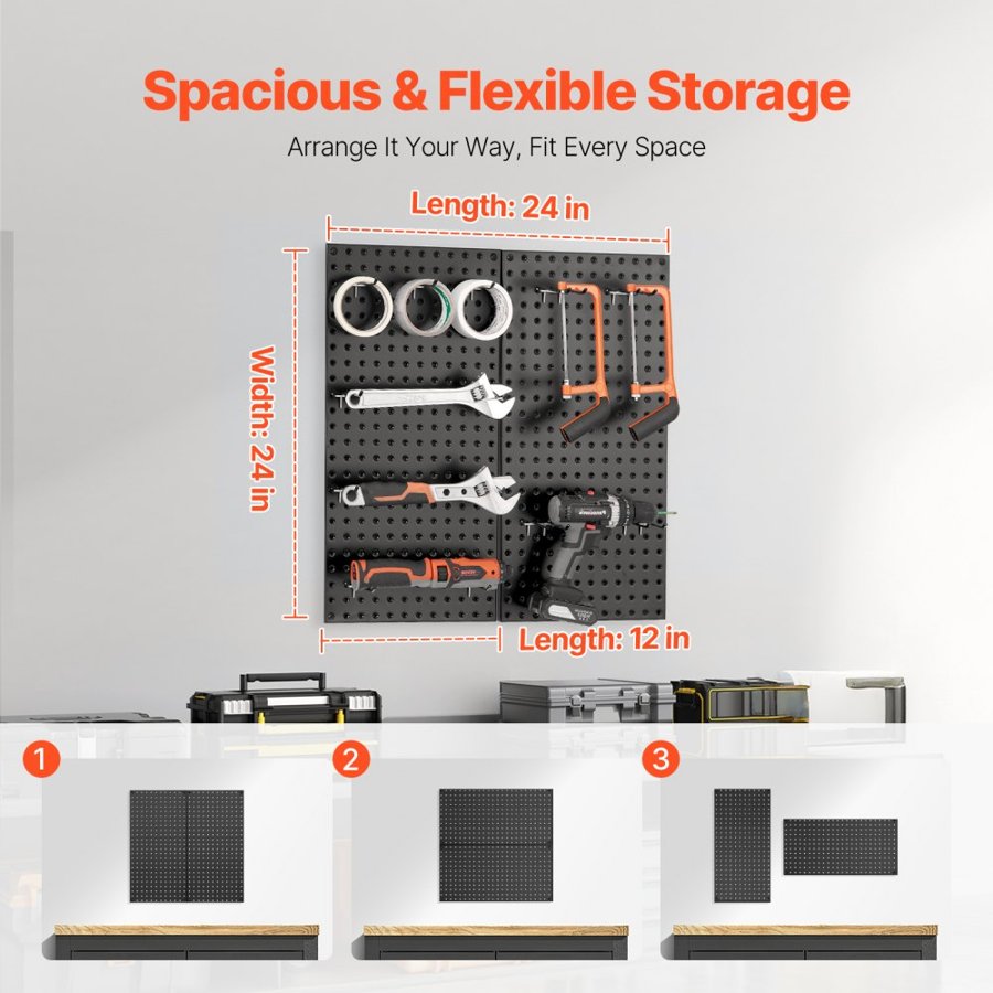 VEVOR Metal Pegboard Panels, 24" x 12" Pegboard, 2 Panels, Heavy Duty Peg Board Wall Organizer with Accessories, for Living Room Garage Tool Storage Office Organization Craft Room Kitchen Home, Black