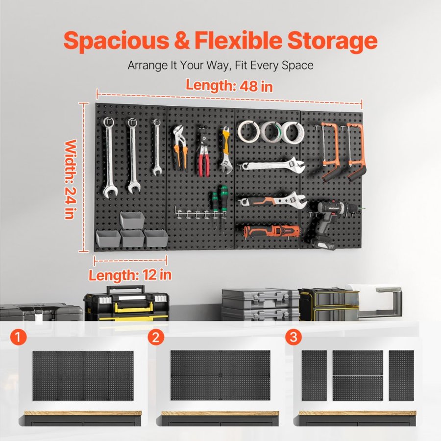 VEVOR Metal Pegboard Panels, 24" x 12" Pegboard, 4 Panels, Heavy Duty Peg Board Wall Organizer with Accessories, for Living Room Garage Tool Storage Office Organization Craft Room Kitchen Home, Black