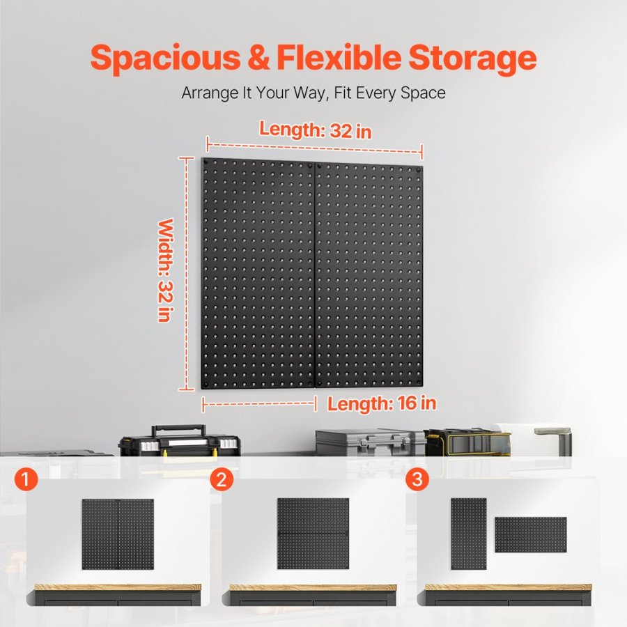 VEVOR Metal Pegboard Panels, 32" x 16" Pegboard, 2 Panels, Heavy Duty Steel Peg Board Wall Organizer, for Living Room Garage Tool Storage Workbench Office Organization Craft Room Kitchen Home, Black