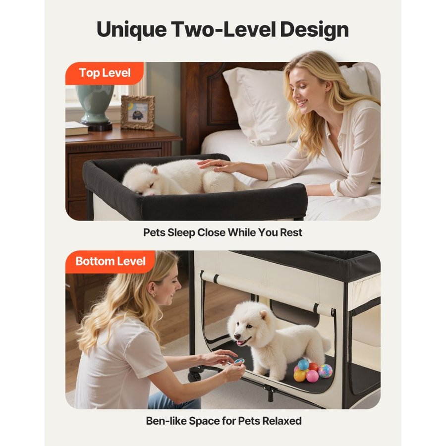 VEVOR Elevated Lounge Pet Bed, Foldable Bunk Dog Bed with 600D Oxford Cloth and Dutch Velvet, Portable Raised Cot with Wheels, Side Storage Bags, and Carry Bag for Cats & Dogs, L, Beige