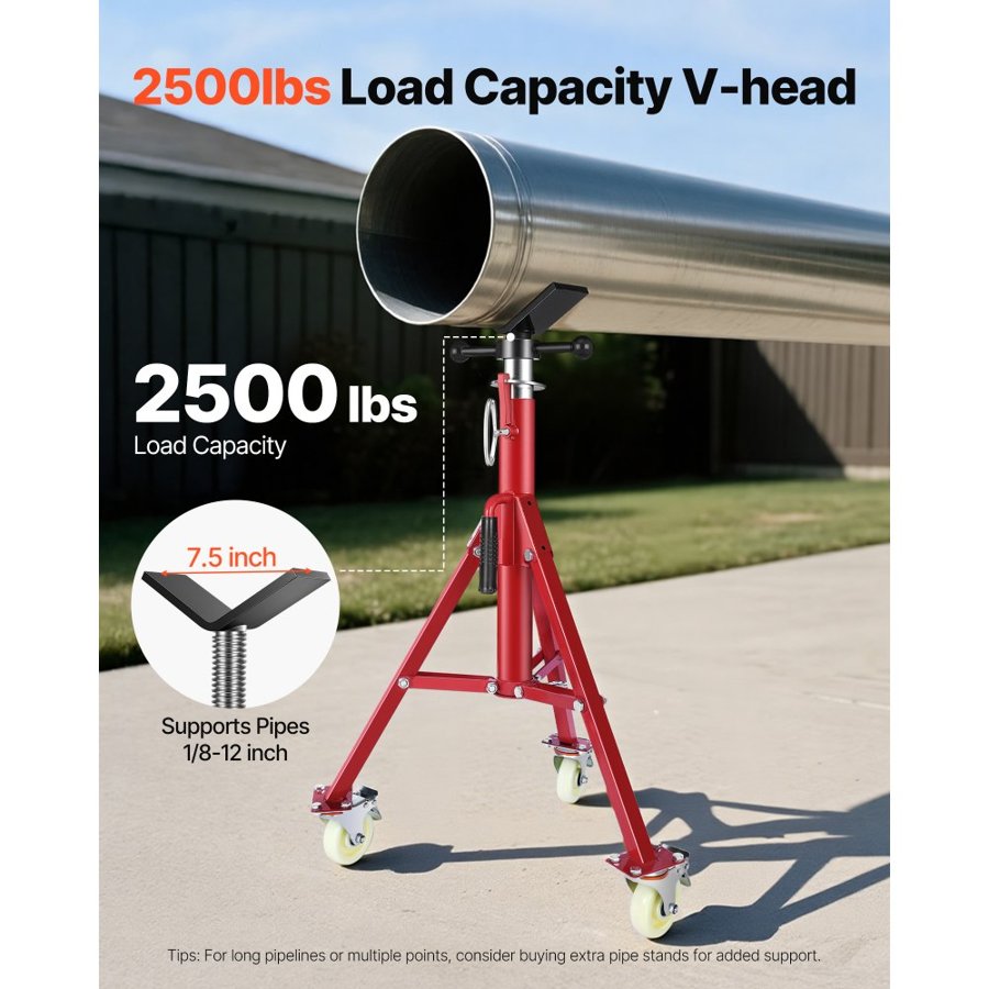 VEVOR Pipe Stand, Pipe Stand, V Head Pipe Stand Adjustable Height 71.12-132.08 cm, Pipe Stands with Casters, Folding Portable Pipe Stands 0.3175 to 30.48 cm Pipe Supporting, Steel Pipe Stand