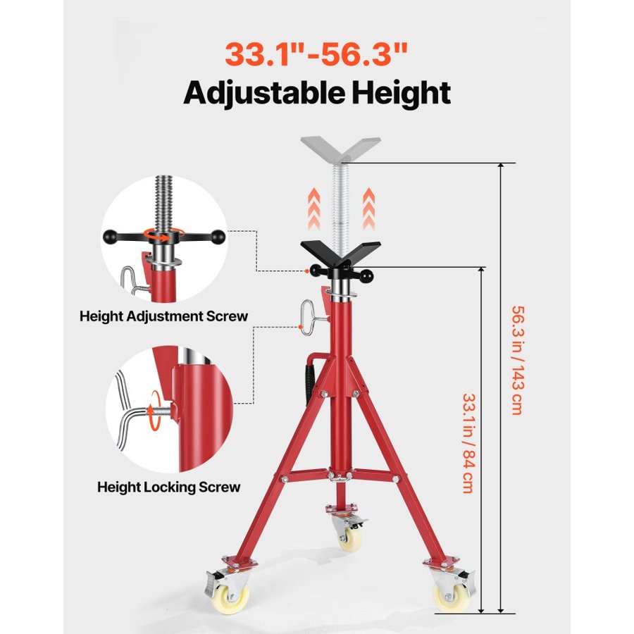 VEVOR Pipe Stand, Pipe Stand, V Head Pipe Stand Adjustable Height 71.12-132.08 cm, Pipe Stands with Casters, Folding Portable Pipe Stands 0.3175 to 30.48 cm Pipe Supporting, Steel Pipe Stand