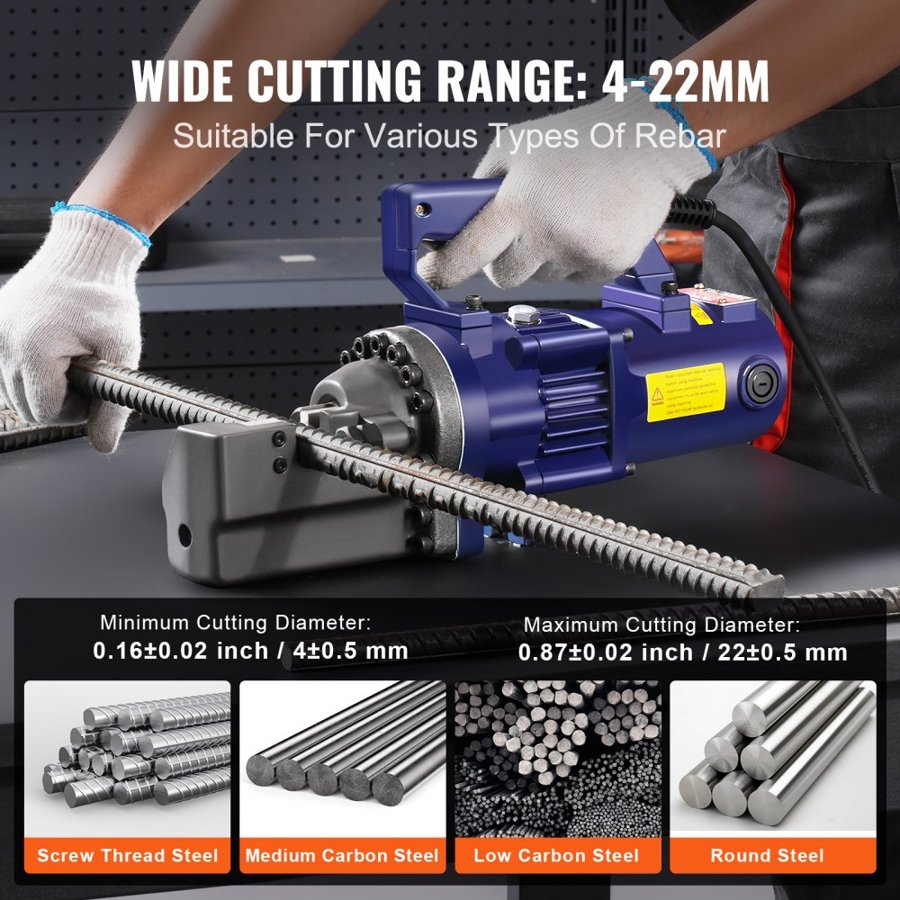 VEVOR Electric Hydraulic Rebar Cutter, 1350W Portable Rebar Cutter, Cutting up to 7/8 Inch #7 (4-22mm) Rebar within 3.5 Seconds, High Power Steel Rebar Cutter w/ Tool Case Oil Can,Black Blue RC-22