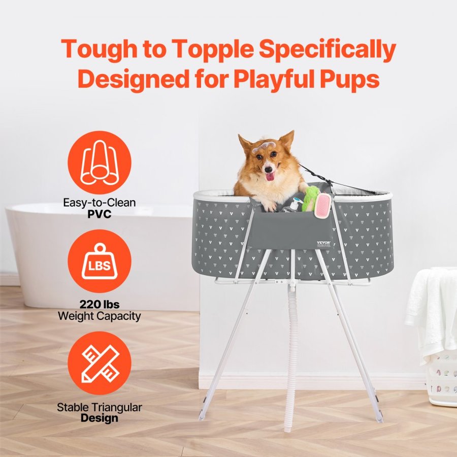 VEVOR Portable Dog Bathtub, Elevated & Foldable Space-saving Pet Shower Station with Efficient Drainage, Bathing Tub for Washing & Grooming Small and Medium Size Dogs and Cats Indoor & Outdoor, Grey