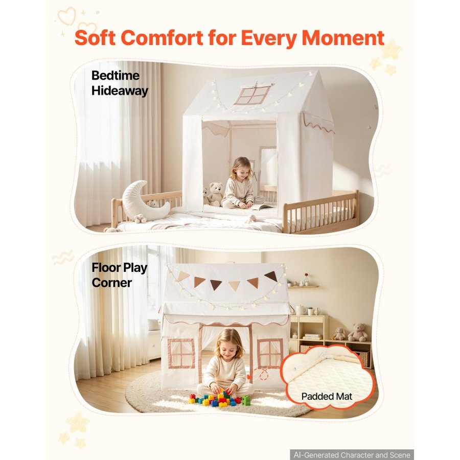 VEVOR Kids Play Tent with Eave 2 in 1 Toddler Tent with Padded Mat Beige, for Girls Boys Play, Indoor & Outdoor Large Playhouse, with Stars Lights, Carry Bag, Flag, 2 Doors & 2 Breathable Windows