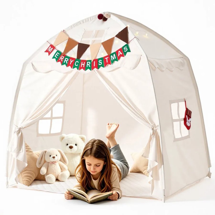 VEVOR Kids Play Tent Fiberglass Frame Playhouse for Kids Padded Mat Beige, for Toddlers Girls Boys, Indoor & Outdoor, Reading Nook Nap Bed Tent, with Stars Lights, Carry Bag, Flag, Breathable Window