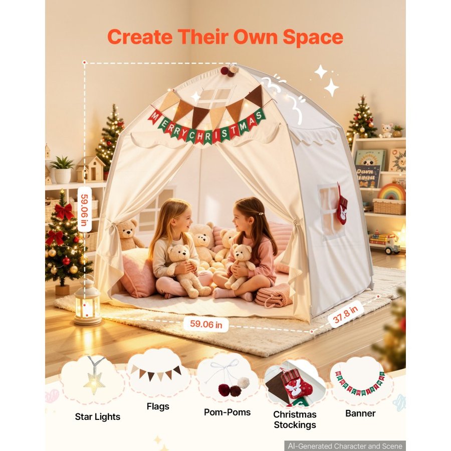 VEVOR Kids Play Tent Fiberglass Frame Playhouse for Kids Padded Mat Beige, for Toddlers Girls Boys, Indoor & Outdoor, Reading Nook Nap Bed Tent, with Stars Lights, Carry Bag, Flag, Breathable Window