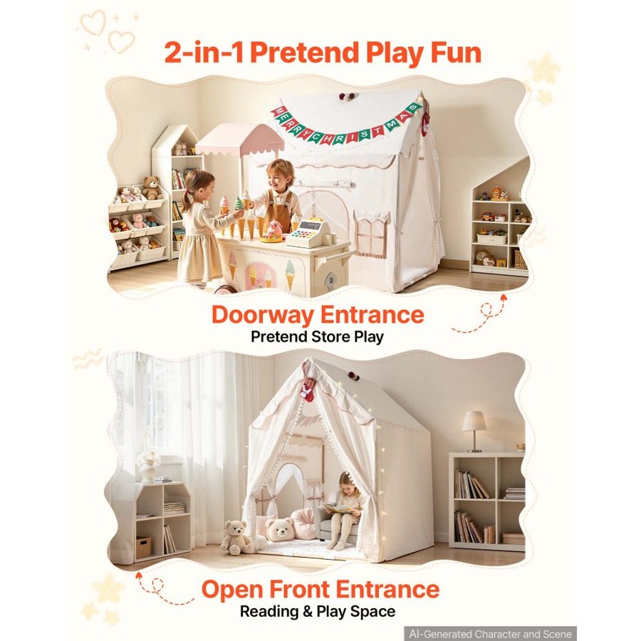 VEVOR Kids Play Tent 2 in 1 Wood Frame Toddler Tent with Padded Mat Beige, for Girls Boys Birthday Play, Indoor & Outdoor Playhouse, Cozy Reading Corner, with Stars Lights, Pompoms, Breathable Window