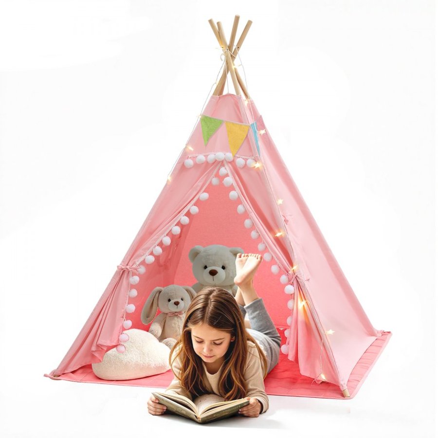 VEVOR Kids Play Tent Pine Wood Teepee Tent for Kids Cotton Canvas Pink, for Toddlers Girls Boys Play, Indoor & Outdoor, with Padded Mat, Stars Lights, Carry Bag, Flag, Breathable Window, Pompom