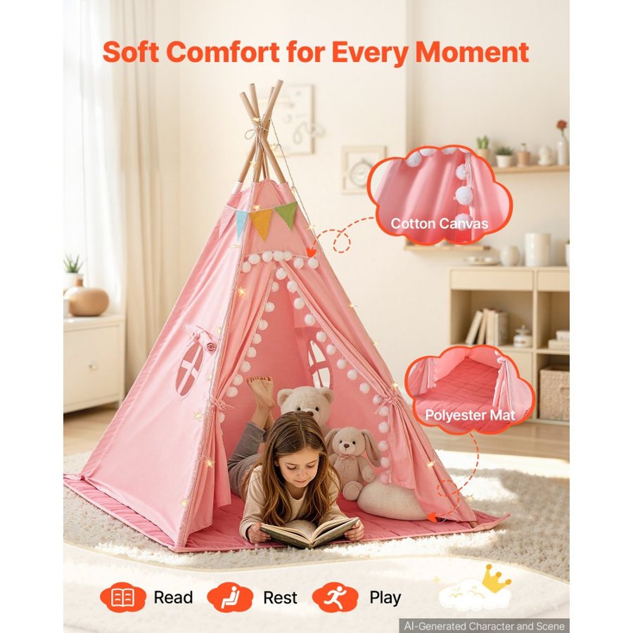 VEVOR Kids Play Tent Pine Wood Teepee Tent for Kids Cotton Canvas Pink, for Toddlers Girls Boys Play, Indoor & Outdoor, with Padded Mat, Stars Lights, Carry Bag, Flag, Breathable Window, Pompom