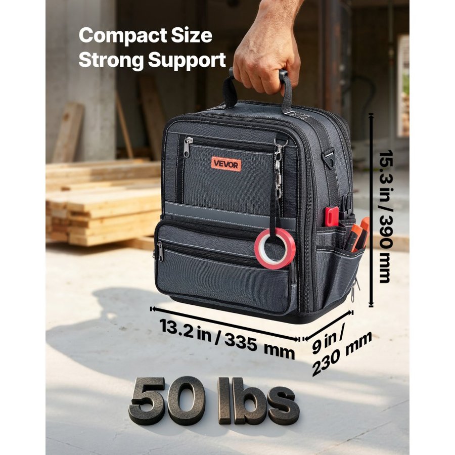 VEVOR Tool Bag, 13.2 Inch, 34-Pocket Portable Large Tool Box Organizer Storage, Carry Toolbox with Hard Plastic Base, Large Zipper, Adjustable Shoulder Strap, for Men Women Dad Husband Fathers Day