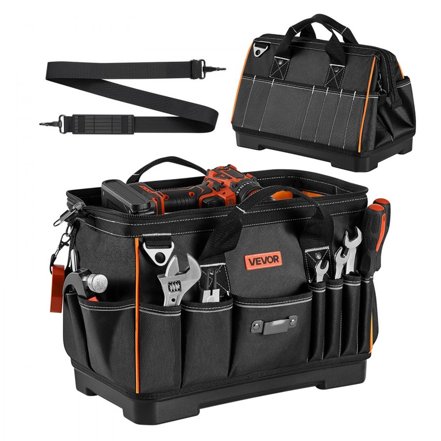 VEVOR Tool Bag, 16.1 Inch, 33-Pocket Portable Large Tool Box Organizer Storage, Toolbox with Water-Resistant Base, Zipper, Adjustable Shoulder Strap Toolbag, for Men Women Dad Husband Fathers Day