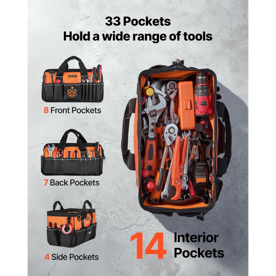 VEVOR Tool Bag, 400 MM, 33-Pocket Portable Tool Box Organizer Storage, Toolbox Organization with Handle, Large Zipper, Adjustable Shoulder Strap, Carry Toolbag, for Men Women Dad Husband Fathers Day