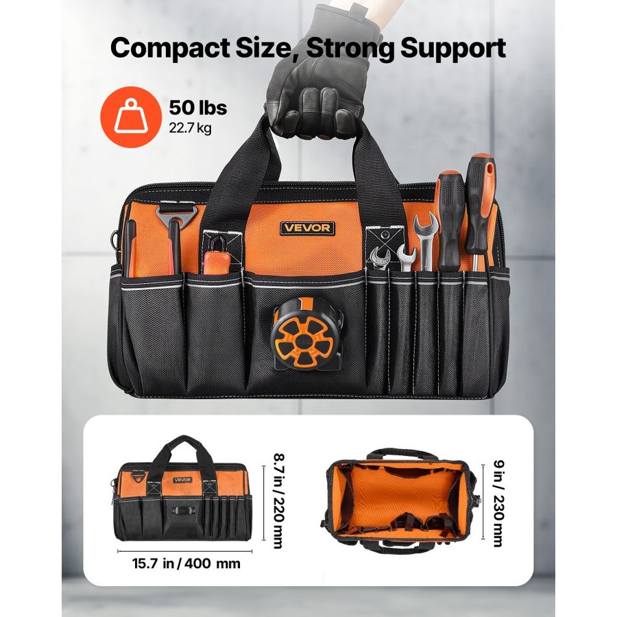 VEVOR Tool Bag, 400 MM, 33-Pocket Portable Tool Box Organizer Storage, Toolbox Organization with Handle, Large Zipper, Adjustable Shoulder Strap, Carry Toolbag, for Men Women Dad Husband Fathers Day