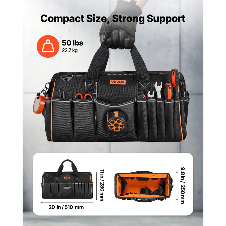 VEVOR Tool Bag, 510 MM, 33-Pocket Portable Large Tool Box Organizer Storage, Toolbox with Big Zipper, Adjustable Shoulder Strap, Water-Resistant Carry Toolbag, for Men Women Dad Husband Fathers Day