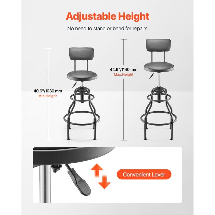 VEVOR Shop Stool with Backrest – 300lbs, 40.6-44.9", 360°