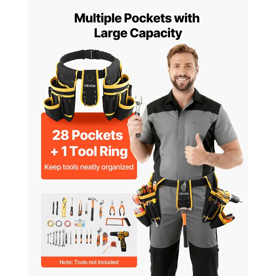 VEVOR Tool Belt, Magnetic Tool Pouch for Men, 28 Pockets Heavy Duty Adjustable Utility Belt Detachable Bag for Electrician, Carpenter, Construction, Work Apron Organizer, Waist Adjust 78.7-121.9 cm