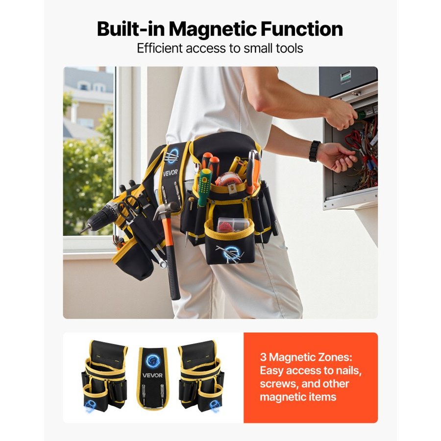VEVOR Tool Belt, Magnetic Tool Pouch for Men, 28 Pockets Heavy Duty Adjustable Utility Belt Detachable Bag for Electrician, Carpenter, Construction, Work Apron Organizer, Waist Adjust 78.7-121.9 cm