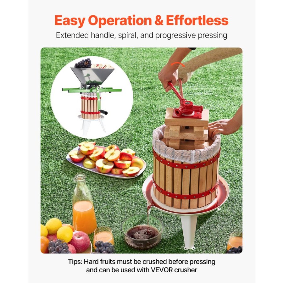 VEVOR 3.2 Gal/12L Fruit Wine Press, Solid Wood Basket with 8 Blocks, Heavy Duty Manual Juice Maker, Cider Apple Grape Tincture Honey Olive Oil Making Press with Handle for Kitchen, Home