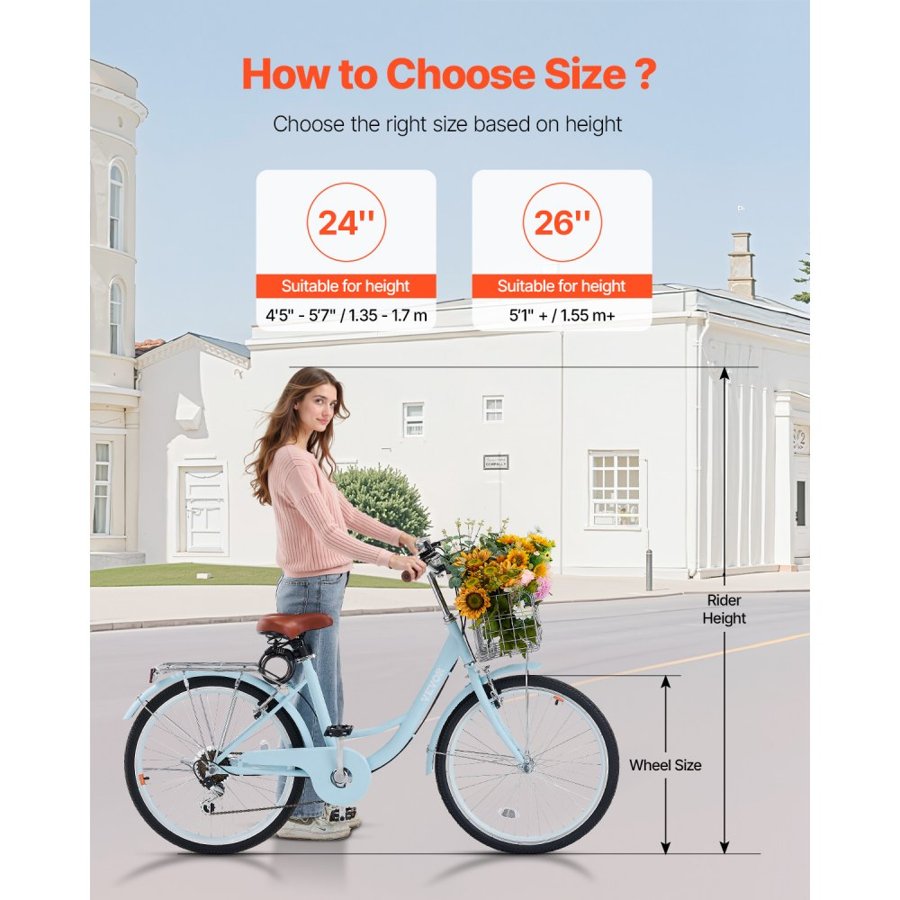 VEVOR Cruiser Bike, 7-Speed, 24-Inch Light Blue Beach Cruiser Bike with Large Capacity Basket and Rear Rack, Secure & Sturdy Cruiser Bike with Adjustable Seat, Fits for Cycling, Exercise & Shopping