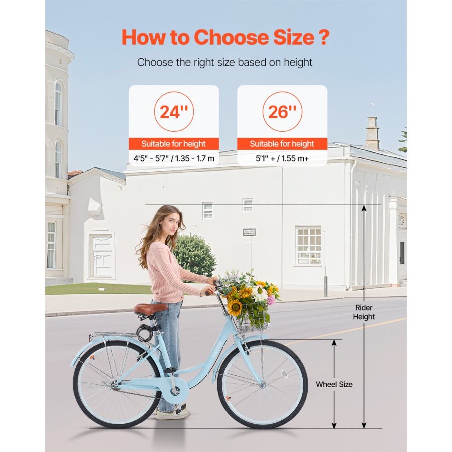 VEVOR Light Blue Beach Cruiser Bike – 26 Inch, 1 Speed