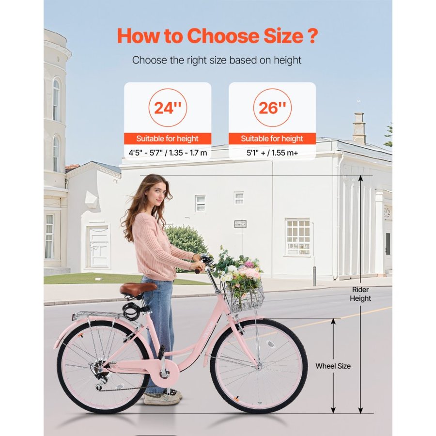 VEVOR Cruiser Bike, 7-Speed, 26-Inch Pink Beach Cruiser Bike with Large Capacity Basket and Rear Rack, Secure & Sturdy Cruiser Bike with Adjustable Seat, Fits for Cycling, Exercise & Shopping