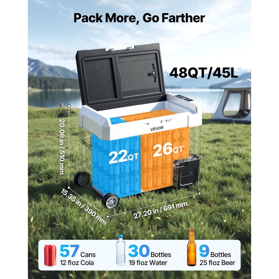 VEVOR Camping Refrigerator – 45L Dual Zone, 12/24V, AC Power