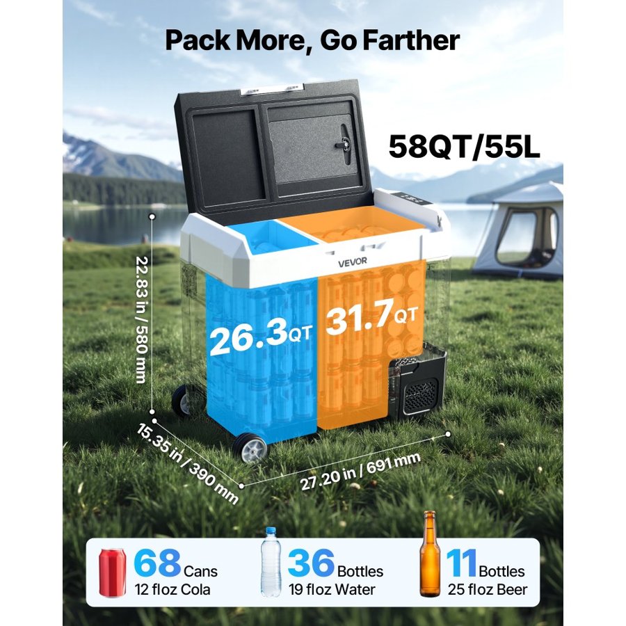 VEVOR 12V Camping Refrigerator – 55L Dual Zone, 100–240V AC