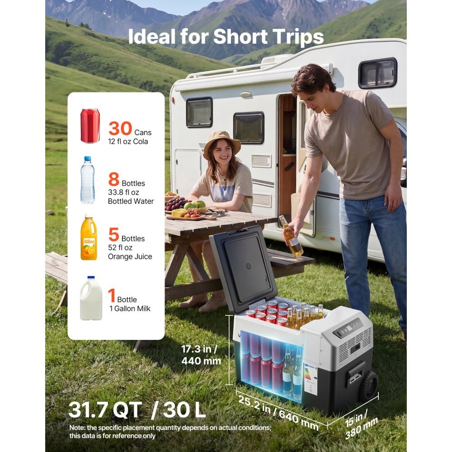 VEVOR 12 Volt Refrigerator, 31.7 QT/ 30L Car Fridge, Portable Electric Freezer Compressor with Handle, APP Control and Wheels, 12V/24V DC 100-240V AC, -22℃ to 10℃, for Truck Van RV SUV Travel Camping