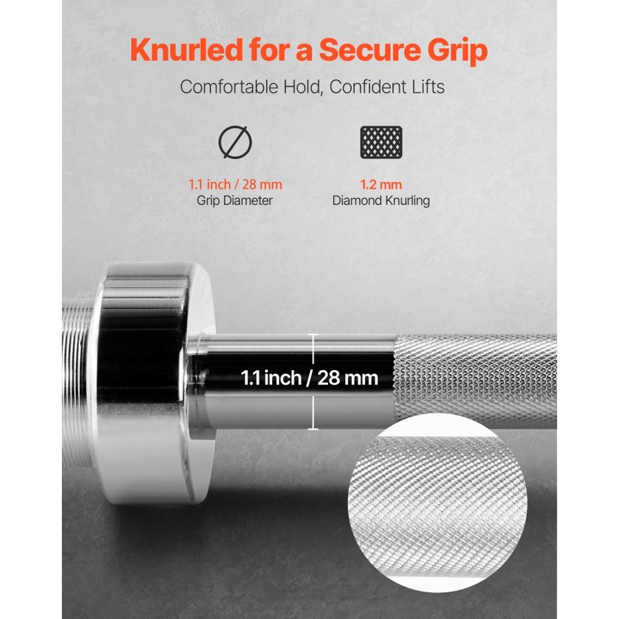 VEVOR 4FT Barbell Bar, Fits 2-Inch Weight Plates, Chrome Plated Barbell Bar with Knurled Grip for Strength Training, Weightlifting, Squat, Deadlift, Bench Press, Curl, Overhead Press, 500lbs Capacity
