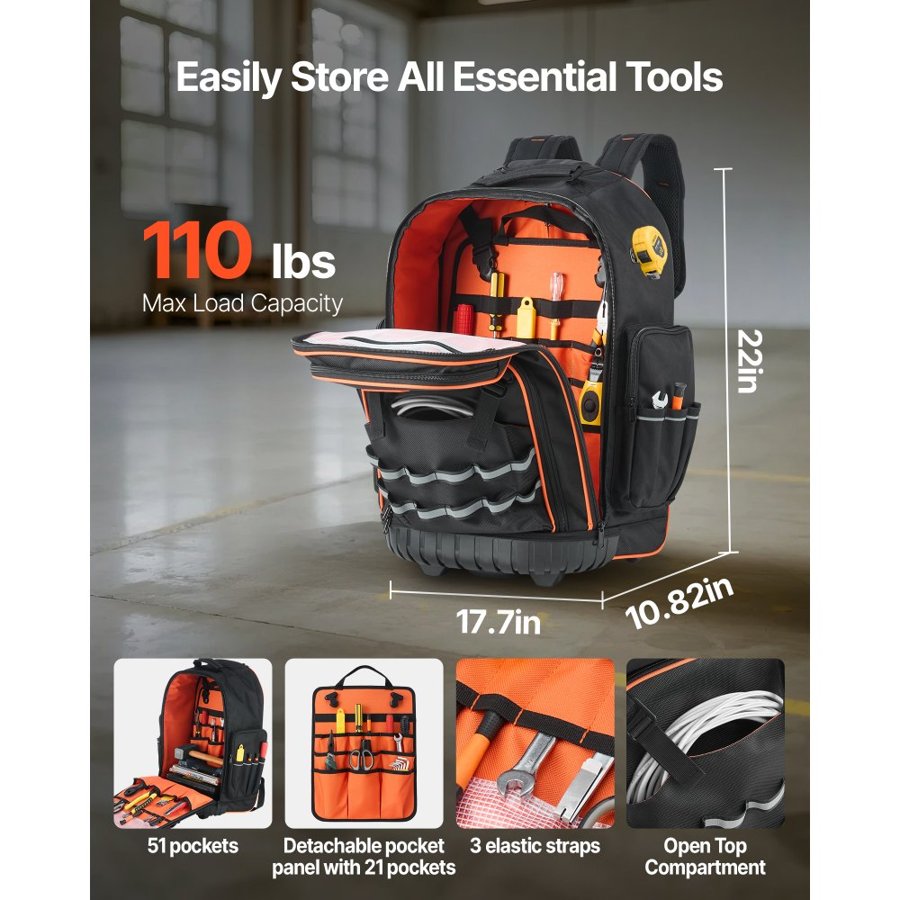 VEVOR Roller Tool Bag – 110 lbs Capacity, 72 Pockets