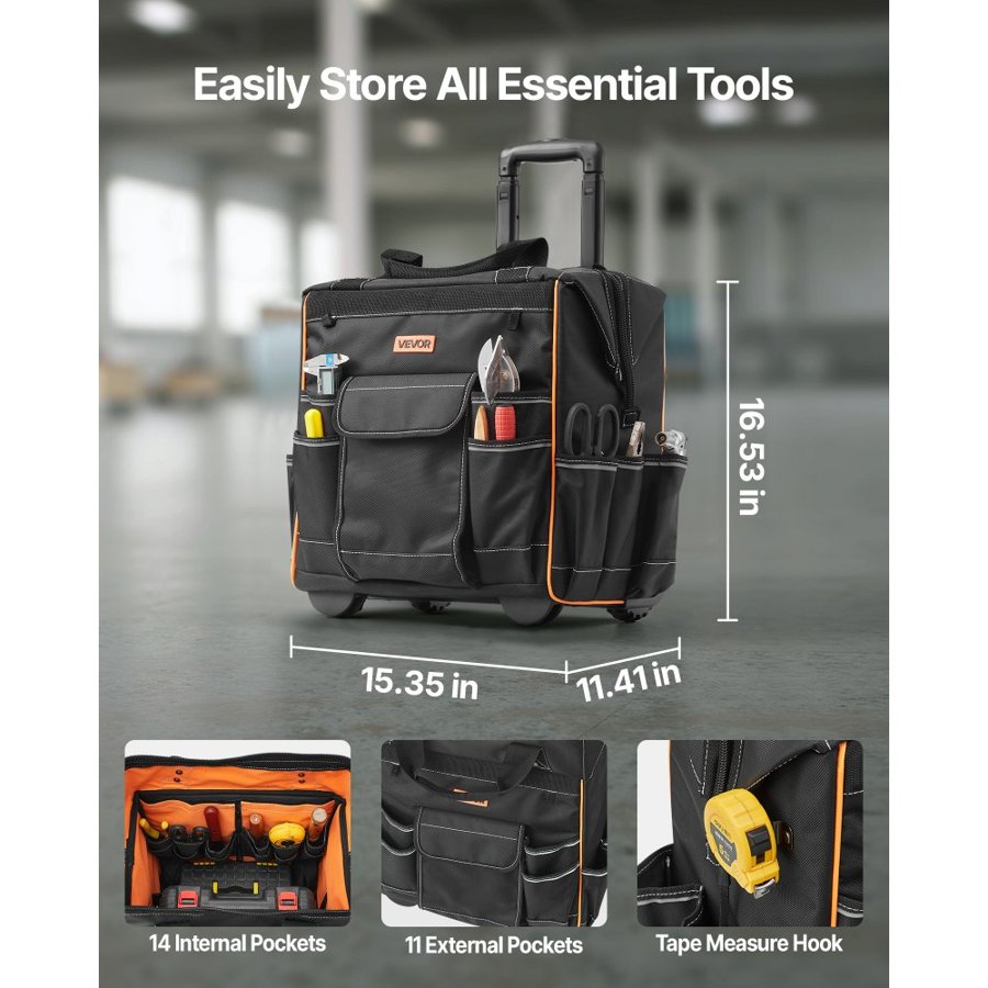 VEVOR Rolling Tool Bag, 110 lbs Load Capacity, 25 Pockets Heavy Duty Roller Tool Bag on Wheels, Adjustable Telescoping Handle & Stable Base, Toolbag Organizers with Wheels for Construction, Mechanic